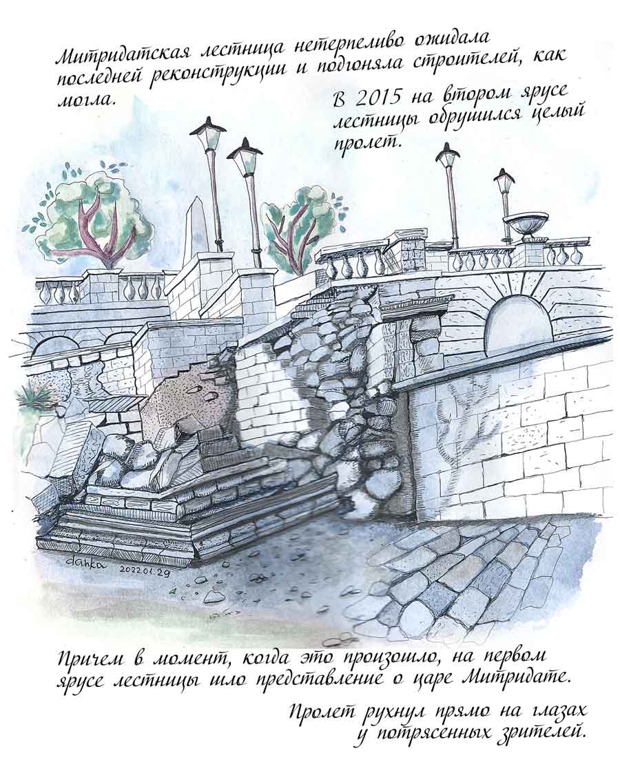 Рисунок обрушившегося пролета Митридатской лестницы