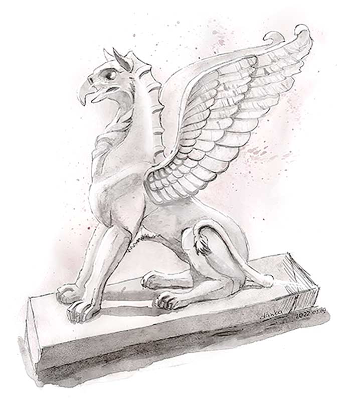 Рисунок статуи грифона установленный на Митридатской лестнице в 2021