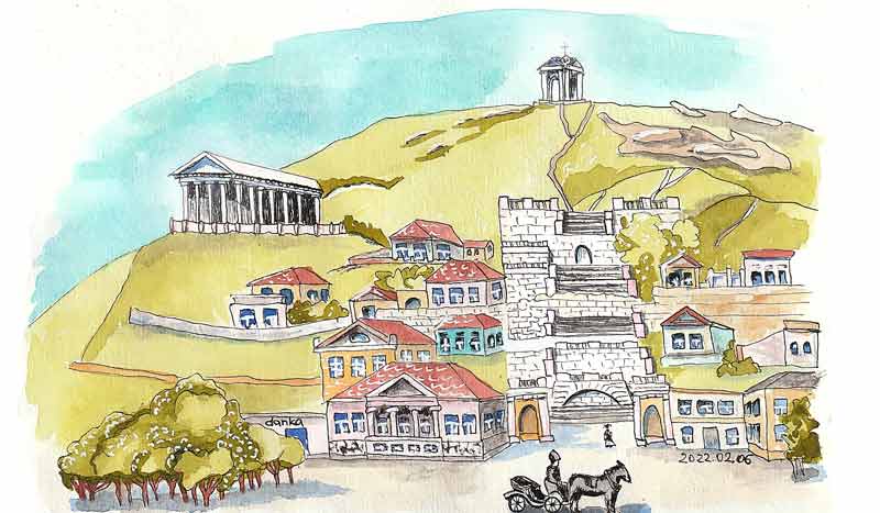 Рисунок горы Митридат с лестницей, музеем древностей и часовней Стемпковского